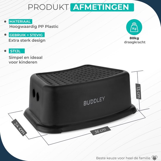 Zwart BUDDLEY opstapje met productafmetingen: 36 cm lengte, 24 cm breedte, 13 cm hoogte. Maximale draagkracht 80kg.