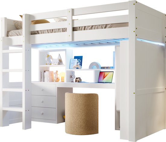 HAUSS SPOLE Lit mezzanine 90x200cm - Lit mezzanine enfant avec LED - Avec armoire intégrée et bureau - Avec 3 tiroirs et étagères de rangement - Bois de pin - Blanc - Sans matelas