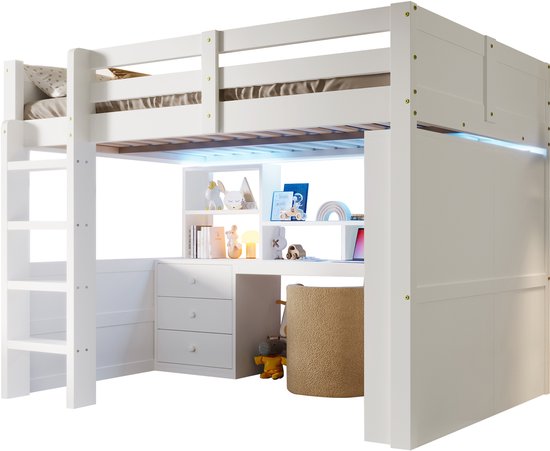 HAUSS SPOLE Lit Mezzanine 140x200cm - Avec éclairage LED - Armoire, Bureau Et 3 Tiroirs - Multifonctionnel Avec Rangement - Sans matelas - Sapin/MDF - Blanc