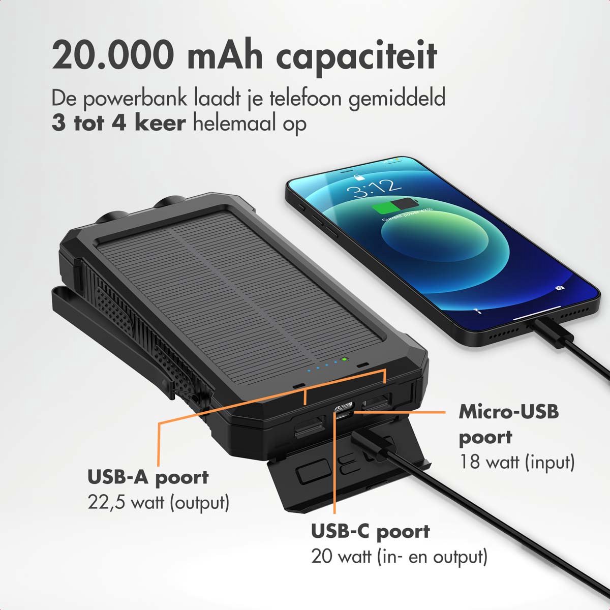 Imoshion Solar Powerbank 20.000 mAh Zwart met Zaklamp - afbeelding 2