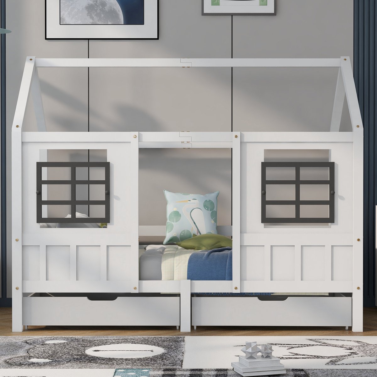 STILVORA Kinderbed 200x90 cm – Huisbed met 2 Ramen & 2 Schuifladen – Veilig met Afdekkingen – met Opslag voor Kleine Kamers – Hout;MDF – Wit – zonder matras