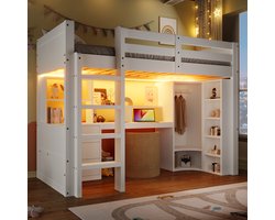STILVORA Hoogslaper 90x200 cm – Hoogslaper Met LED & Geïntegreerde Opbergruimte – Bureau en Kast – Hout/MDF – Wit – Zonder Matras