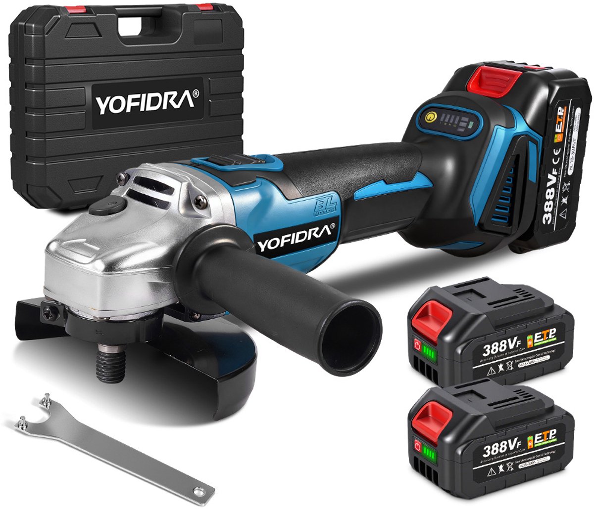 Yofidra Accu Haakse Slijper - Ø 125 mm Draadloze Slijptol - mit 2x Accu’s & Handgreep - Borstelloze motor - Elektrische slijper - voor snijden, slijpen en polijsten