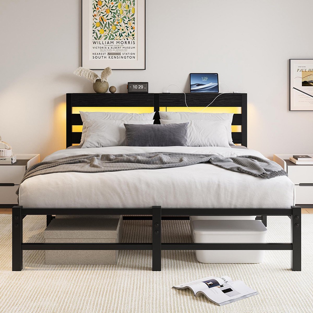 KOMHTOM BLACKCOLORS 140 x 190 met ledverlichting, ledverlichting en USB-oplaadstation, metalen bed met matras, bedframe zonder matras, bedframe met opbergruimte onder de matras Zwart