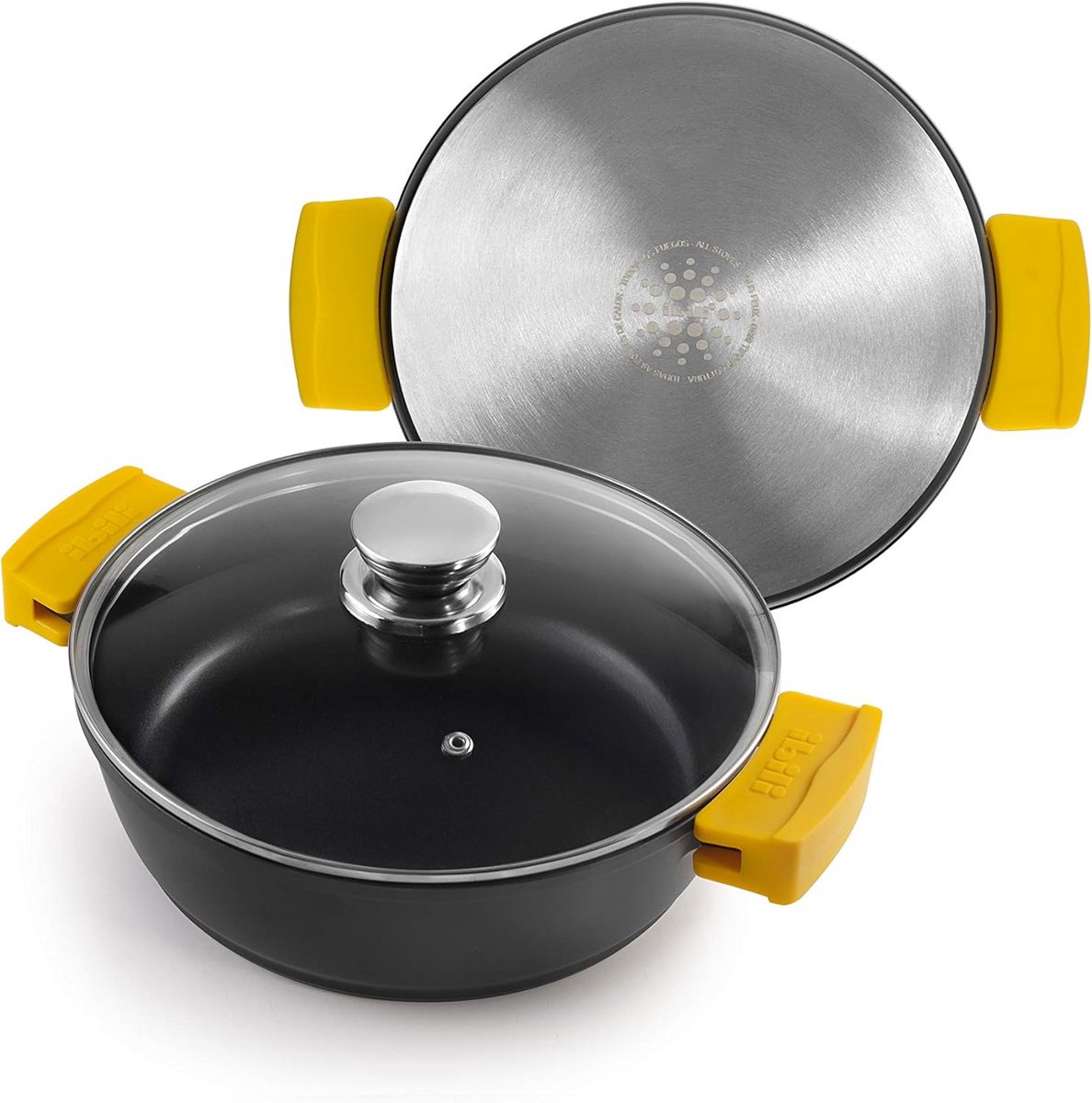 Gegoten aluminium wokpan 40 cm met glazen deksel en siliconen handgrepen, anti-aanbaklaag, geschikt voor inductie