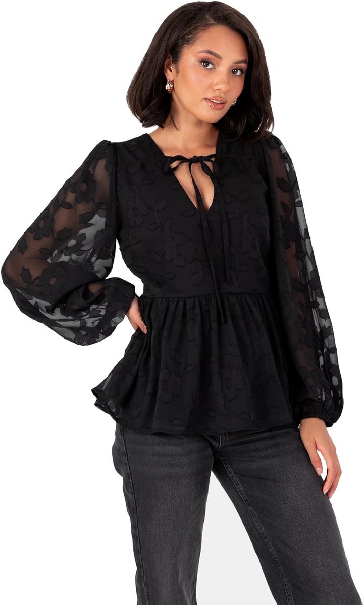 Dames Blouse met V-hals en Peplum - Lange Mouwen - Bloemenprint - Chiffon - Tie Front - Smart Casual