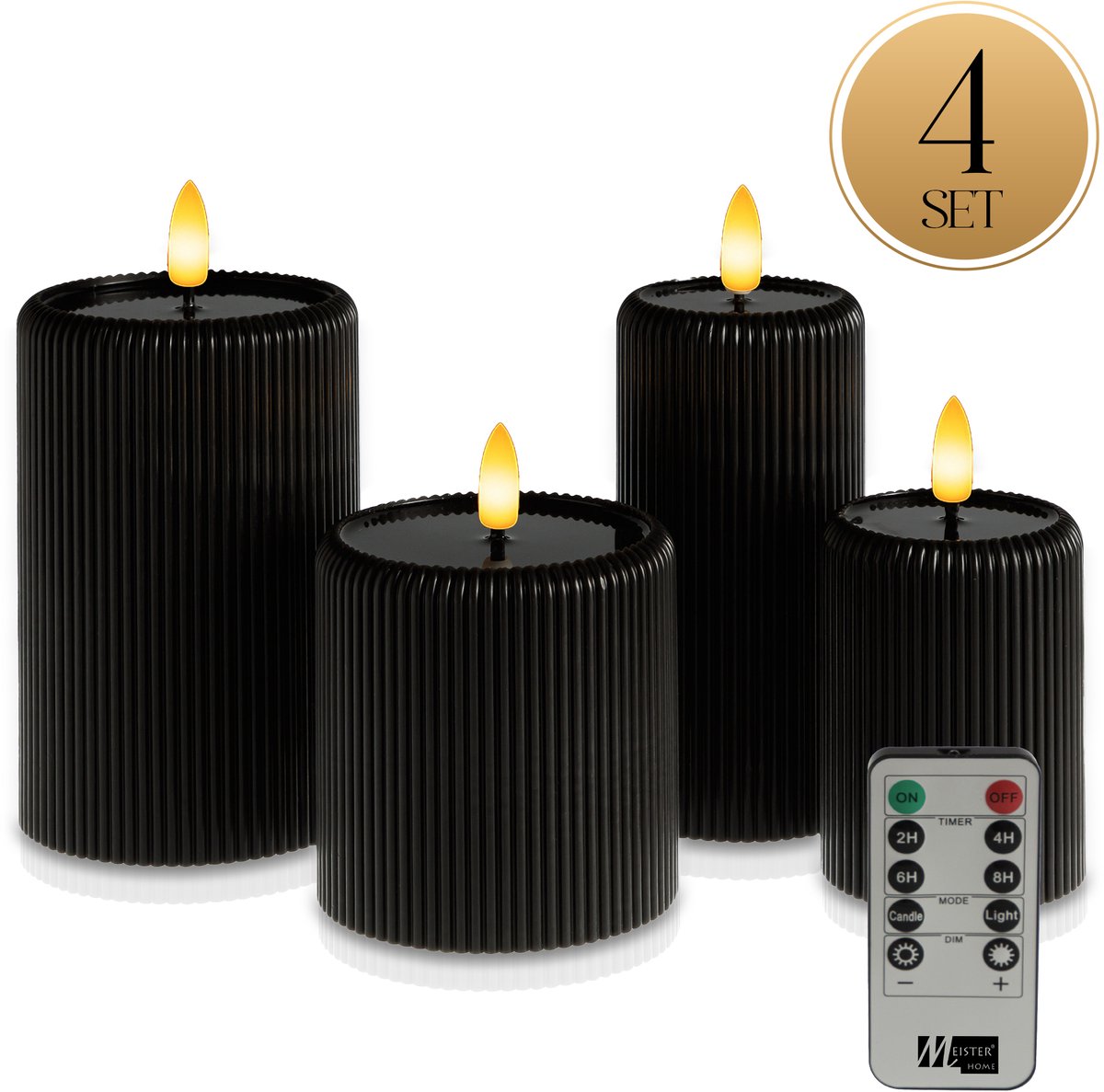 Meisterhome® LED Kaarsen 4-delige Set Zwart – Flikkerend Licht – Met Afstandsbediening & Timer – Batterijverlichting – Ø7,5/10 cm, Hoogte 10/15 cm – Ribbeldesign – Vlamloos & Energiezuinig