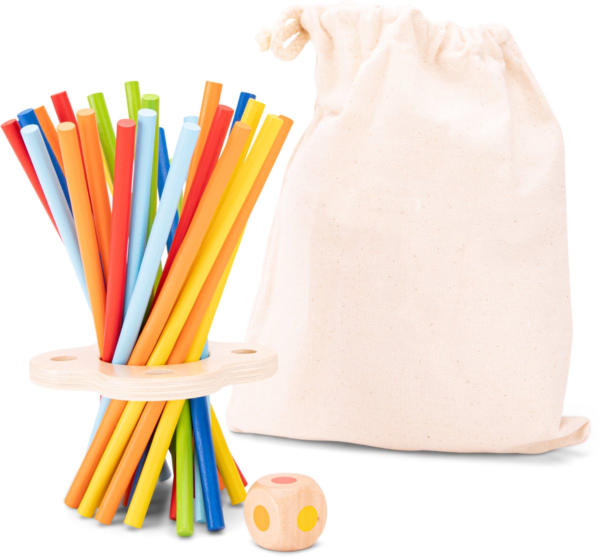 Woet® Houten Stokjesspel - Mikado Spel - Concentratie & Behendigheidsspel met Dobbelsteen - Speel Alleen of Samen - Educatief Spel met Opbergzak - Vanaf 3 Jaar