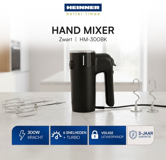 Heinner Handmixer - 6 Snelheden met Turbo - 300 W - Ejectknop - 2 RVS Deeghaken & 2 Mixers - Zwart van Heinner — afbeelding 2