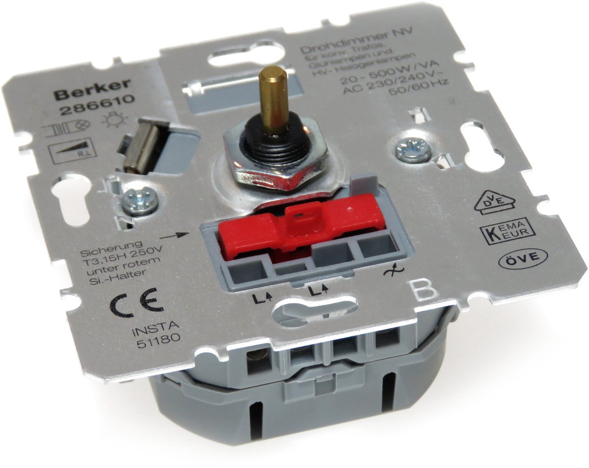Berker dimmer 20 - 500W - inbouw wanddimmer voor 230V gloeilamp en halogeenlamp - stopcontact draaidimmer nr. 286610