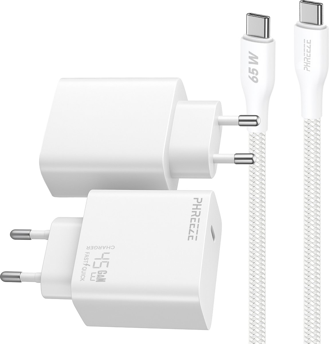 Phreeze usb C adapter 45w met usb C naar usb C kabel 1 meter - Snellader voor A56 S20 S24 S25 S23 S22 S21 S20 Plus Ultra en laptop