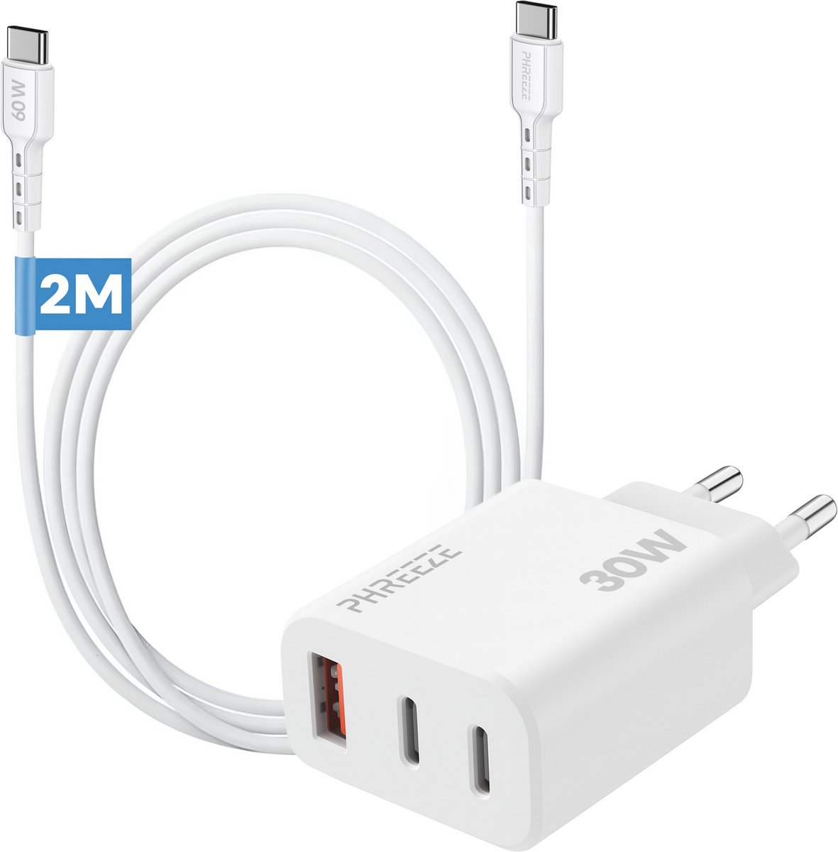 30w GaN charger met usb C naar usb C kabel 2m - Snellader - Usb C adapter met oplaadkabel