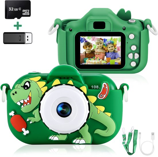 Ilona® Digitale Kindercamera dinosaurus HD 1080p - Speelgoedcamera - 32GB micro sd kaart - Fototoestel Voor Kinderen - dinosaurus groen