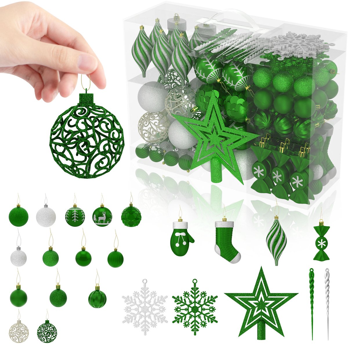 Aufun Kerstballen – Kunststof 138 stuks – Dunkelgroen – Hangende Kerstboomversiering