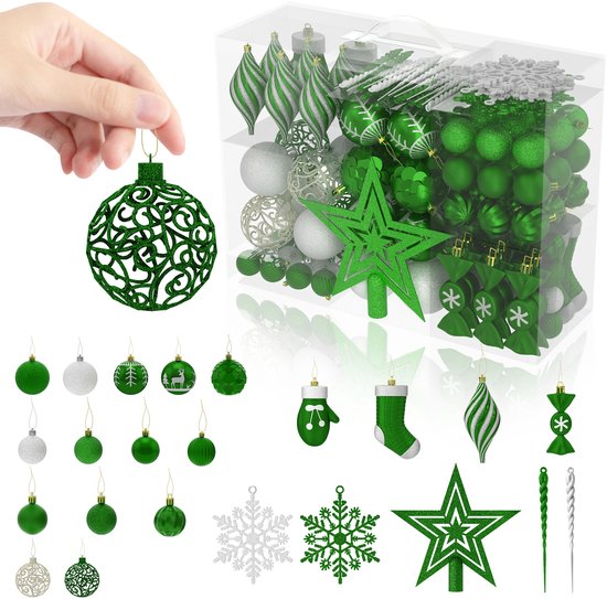 Aufun Kerstballen – Kunststof 138 stuks – Dunkelgroen – Hangende Kerstboomversiering