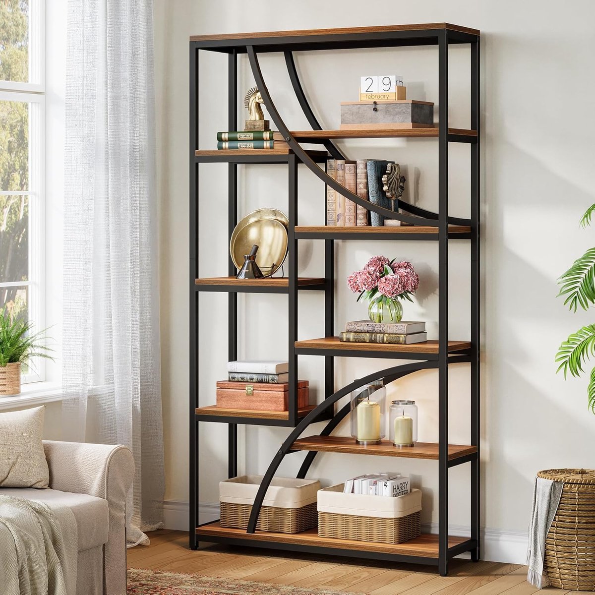 Tribesigns Boekenkast - boekenkast met 9 Planken - geometrische boekenkast met open compartimenten - Spaanplaat - Bruin/Zwart - 60 x 60 x 200 cm
