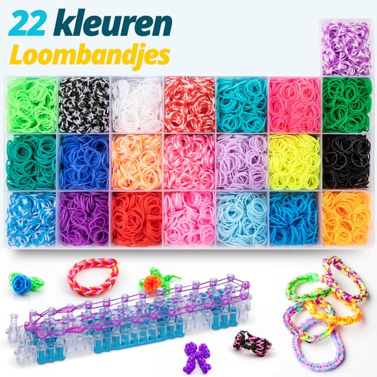 22 kleuren loombandjes, sorteringskoffer, loomboard met paarse bandjes, en gemaakte armbandjes.
