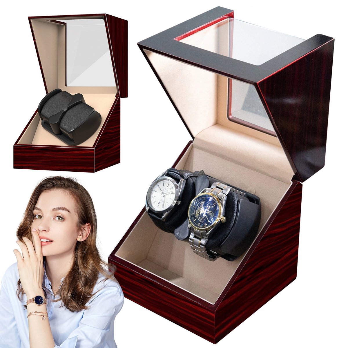 Horloge Opwinder - 2 Horloge Zwarte Ebony Model - Dubbele Oplaadmodus - Automatische Rotatie - Voor Automatische Horloges - Inclusief Oplaadkabel