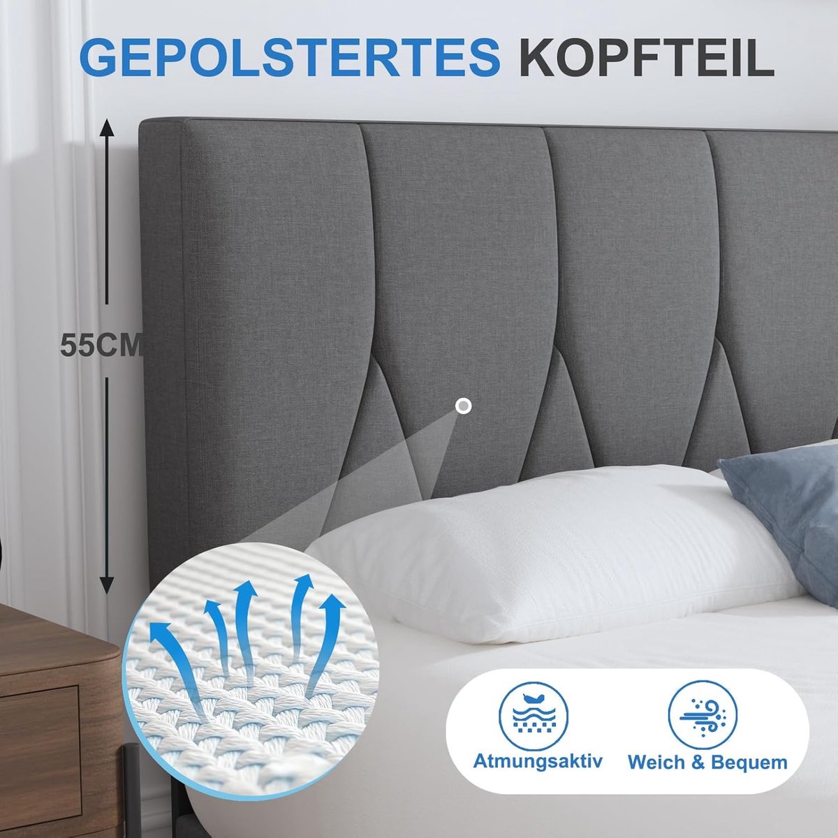 Luxe Gestoffeerd Bed 90x200 cm - 90x200 cm - Grijs - 90x200 cm – Stof Bedframe - Medahomestore
