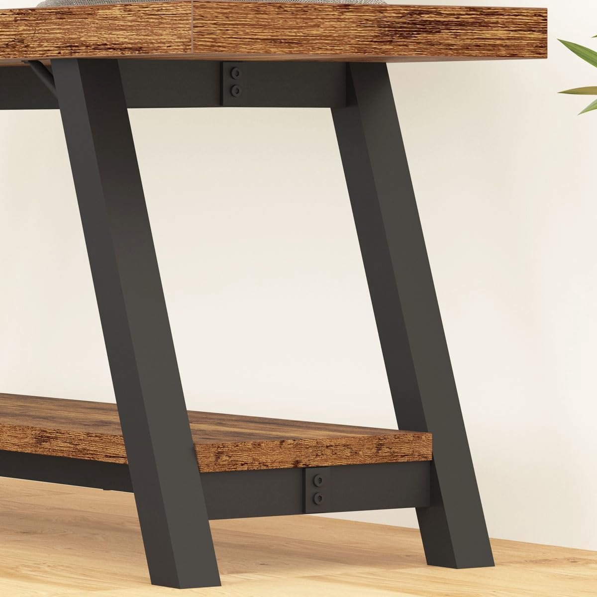 Opbergbank Hout Metaal 120cm – Rustieke Bruine Zitbank met Schoenenrek & Opbergruimte – Industriële Halbank, Slaapkamerbank, Eetkamerbank, Woonkamerbank – Stevige Houten Bank – HomeByNicole