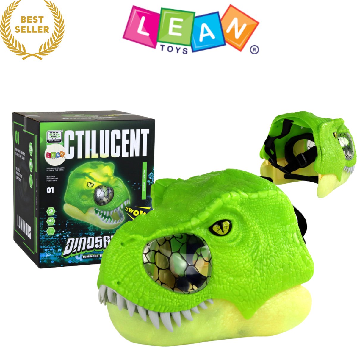 Realistische Groene Dinosaur Masker met Licht en Geluid – Beweegbare Kaak, Brullende T-Rex met Gloeiende Ogen – Verstelbare Hoofdband voor Kinderen 5+ – Fluorescerend Speelmasker – CE & EN71 Veilig Met Ebook