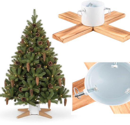 COIL Kerstboomstandaard, Kerstboom basis, Rustiek onderstel, waterniveau-indicator, Met waterreservoir van 1L, diameter tussen 3 en 9 cm, geschikt voor kerstbomen tot 230 cm hoog, Metaal/Grenenhout, Breedte: 48 cm, Wit