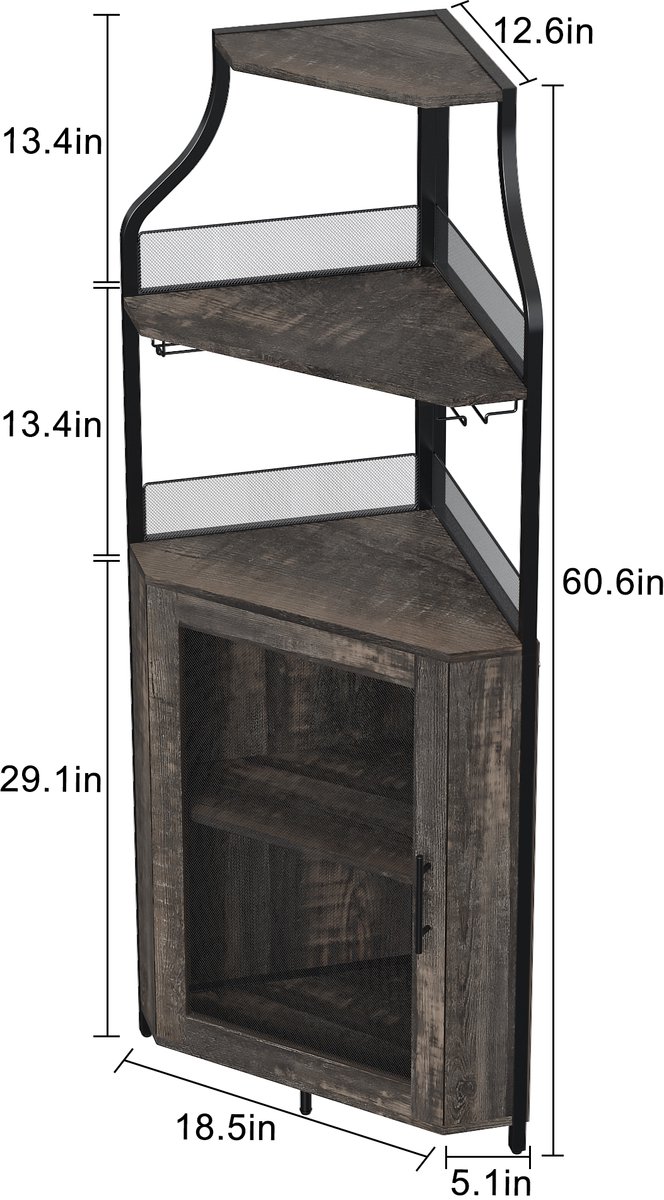 Brisakys - Hoekbarkast - Wijnkast - Industrieel - Metaal - Gaasdeuren - Verstelbare Plank - Anti-Kantelset - 45x45x150cm - eikenkleur – foto 2