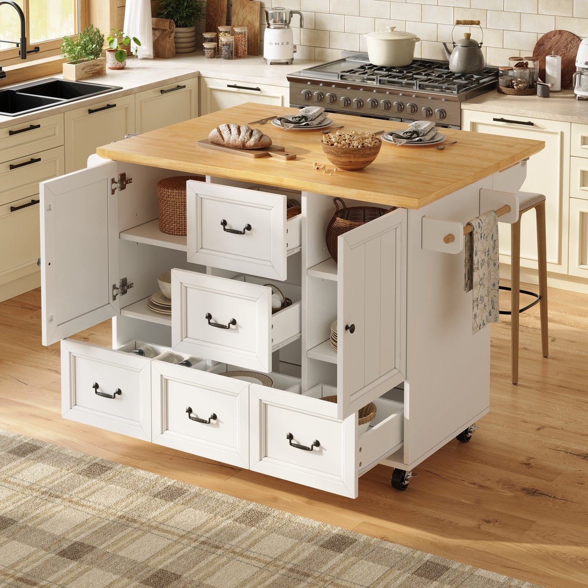 Kookeiland, Kast, Sideboard, 120x73(45)x93 cm, Uitschuifbare keukenkar op wielen met handdoekhouder en kruidenrek, Verstelbare planken, twee deuren, vijf lades, wit/zwart