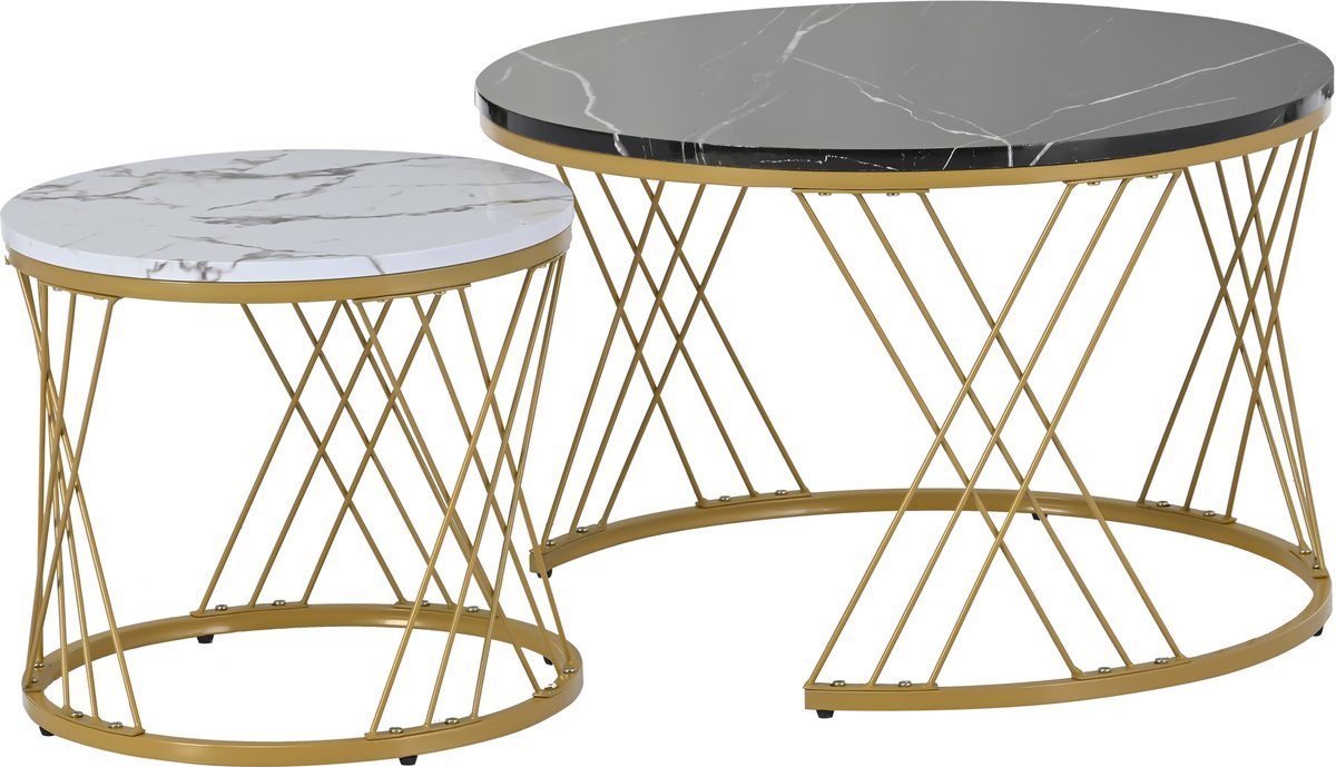 MODFU Hoogglans nestbare ronde salontafel set (2) met marmerprint en goudkleurig frame — moderne bijzet- & salontafels Wit
