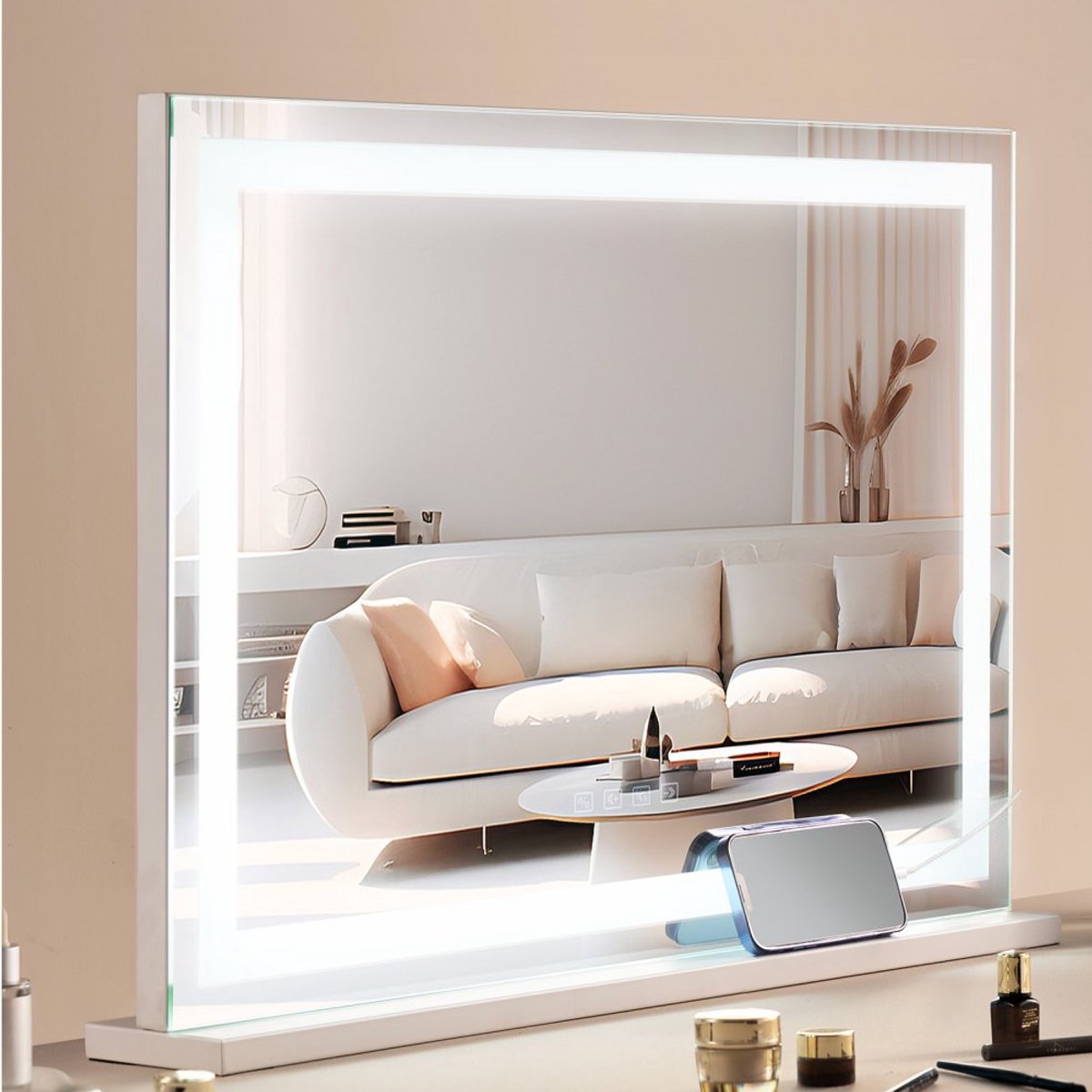 Hollywood make-upspiegel - Visagiespiegel - LED Verlichting - 3 Kleurstanden - 5x Vergroting - Bluetooth & USB - Slimme Aanraakbediening - 79,7 x 54,7 cm