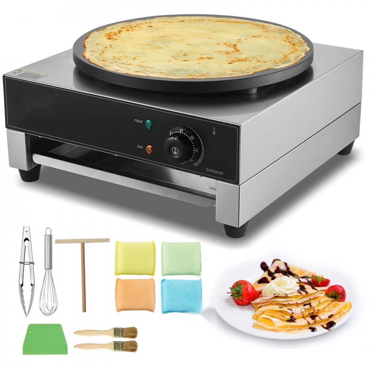Crêpemaker - Elektrische Crêpeplaat - Ronde Bakplaat 40 cm - Vermogen 3000 W - Antiaanbaklaag - RVS Behuizing - Instelbare Thermostaat