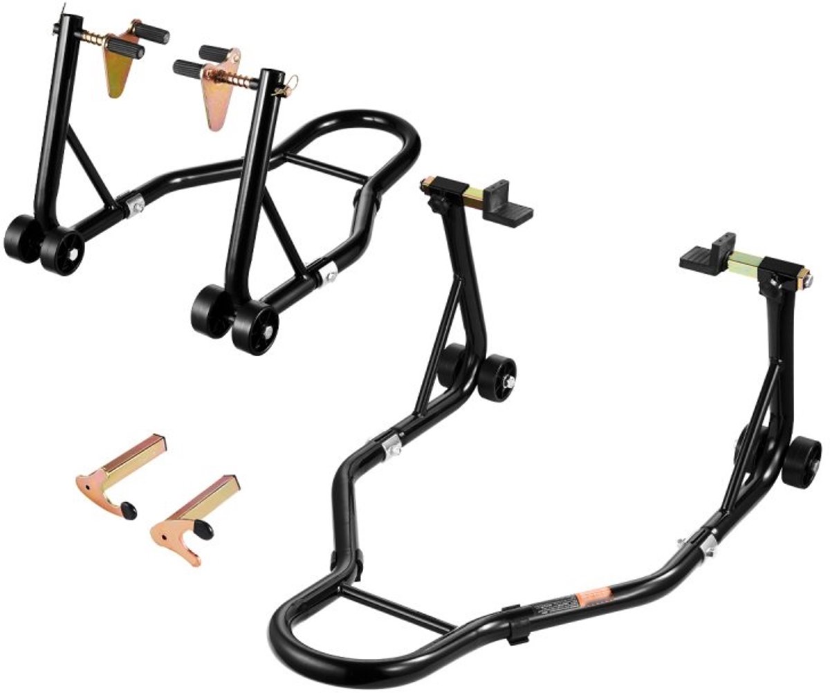 Motorfiets Montagestandaard - Paddockstand Set Voor- en Achterwiel - Laadvermogen 50 kg - Dubbele Vork Voorwiel - U- en L-Adapters Achter - Voor Swingarm-Spoelen - Universeel