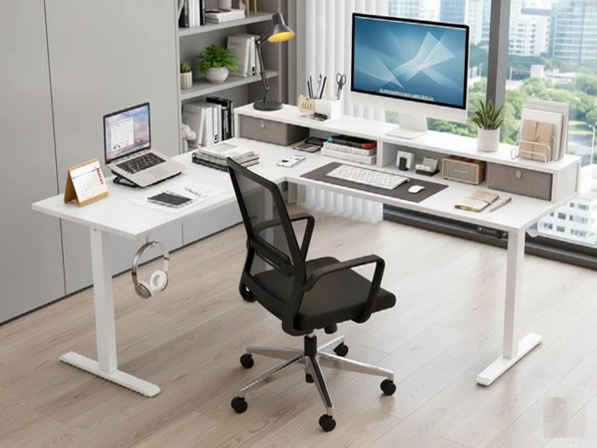 L-vormig Elektrisch Zit-Sta Bureau met Laden 160x140 cm ...