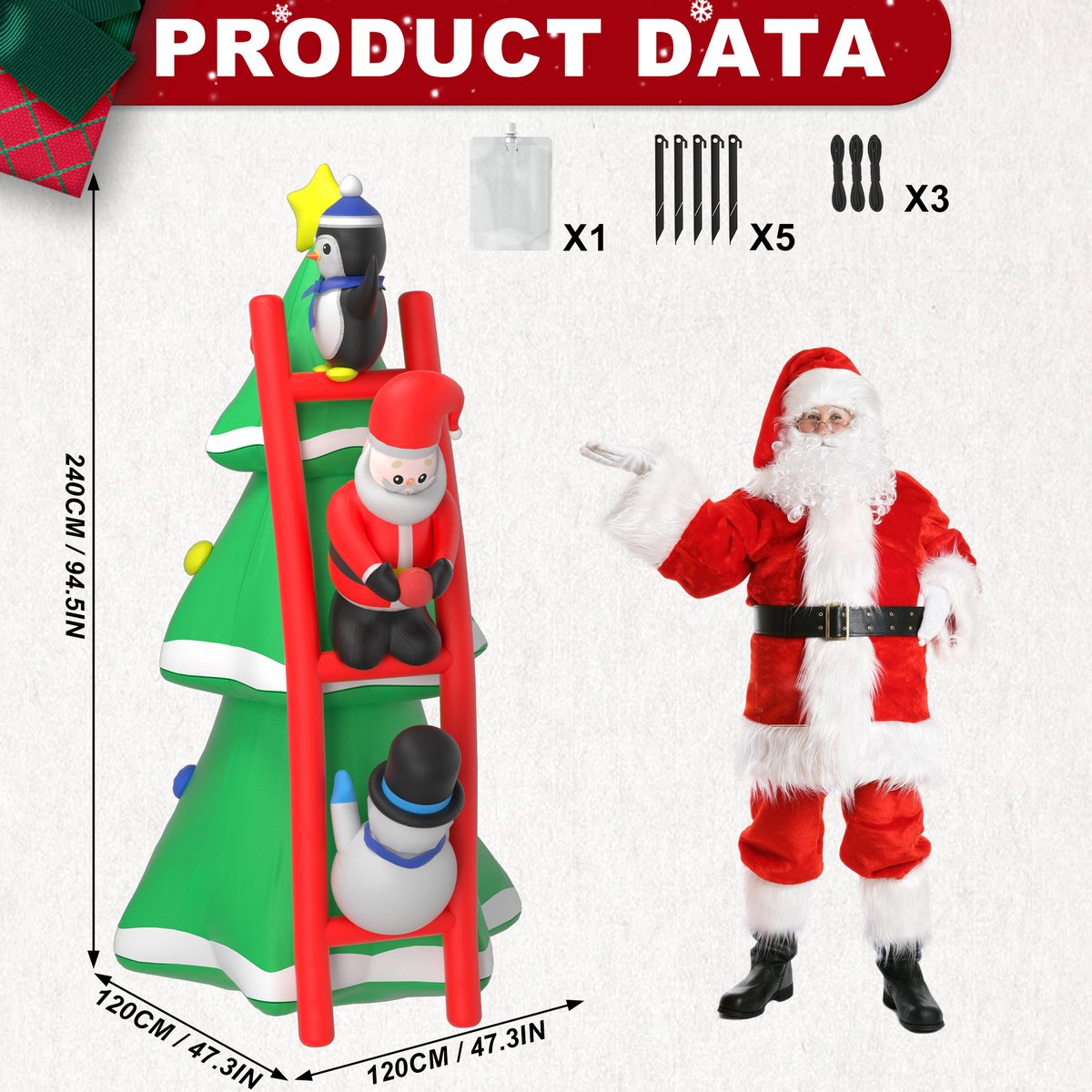 NAIZY Opblaasbare kerstboom met verlichting en stille ventilator 240 cm Opblaasbare kerstfiguren Kerstdecoratie Ornament voor binnen- en buitengebruik – foto 4