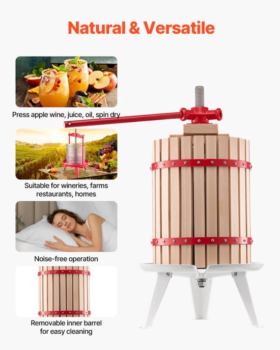 Fruit- en wijnpers - Handmatige mandpers 18 liter - Massief houten mand - Robuust ontwerp - Ciderpers/Appelpers/Druivenpers - Met handvat — afbeelding 5