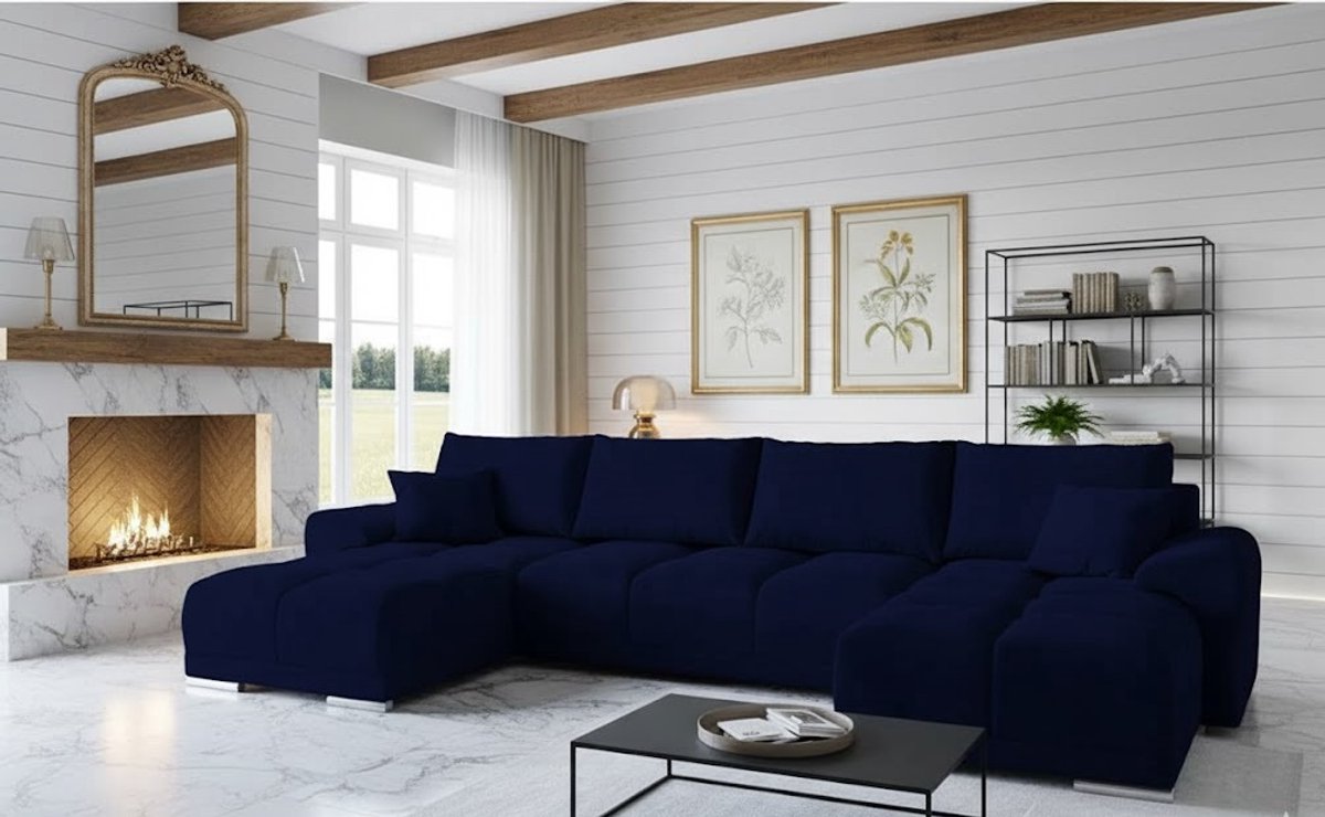 Hoekbank met Slaapfunctie U-vorm 365x189 cm – Luxe Donkerblauwe Fluwelen Slaapbank met Opbergruimte en Bedfunctie – Comfortabele Grote U-Hoekbank met Kussens – Ganeey