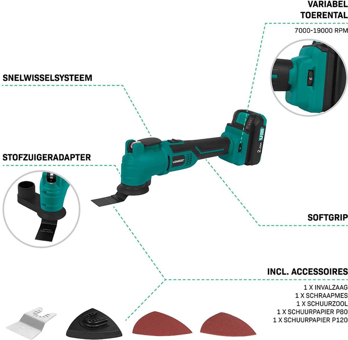 VONROC Accu Multitool 20V - met schraapmes, invalzaagblad, schuurzool en schuurpapier - 6 snel-heden: 7.000 - 19.000 rpm - Incl. 2.0Ah accu en snellader thumbnail 3