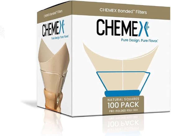 Doos Chemex koffiefilters, natural squares, 100 stuks, met afbeeldingen van de filters.