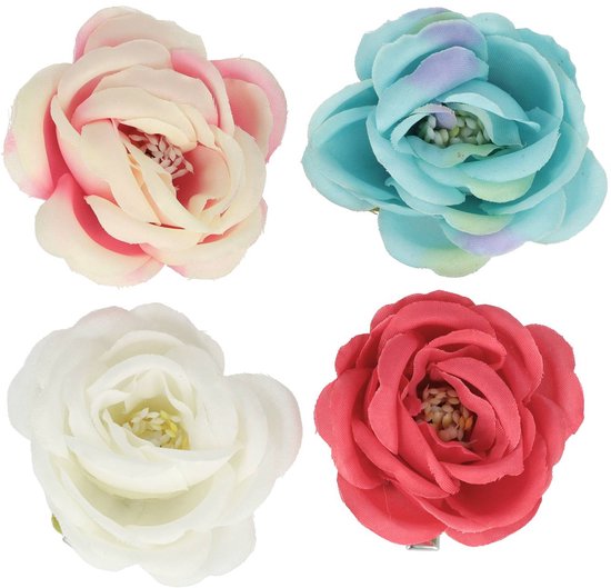Accessoires pour cheveux - Pince à cheveux canard 5 cm - Fleur rose - Rose, Wit, Blauw - Set de 4 - Pince à cheveux résistante pour Tuning et usage quotidien - Accessoire décoratif pour cheveux