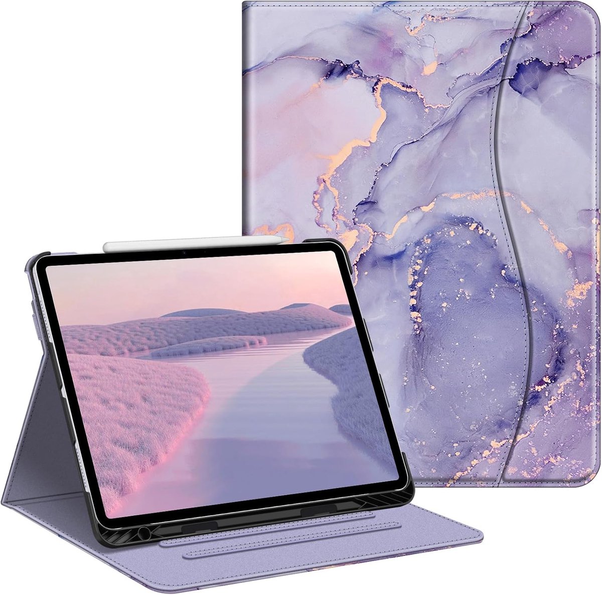 Zandarix Geschikt voor Apple iPad Air 13 inch M3 2025 / 2024 - Book Case - Automatische Slaap/Waak Functie - Ingebouwd Pencil Houder - Hoekbescherming - Tablethoes - Lila Marmer