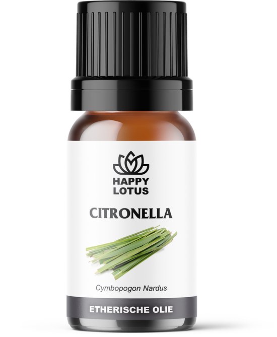Flesje etherische olie van Happy Lotus met citronella-bladeren afgebeeld op het etiket.