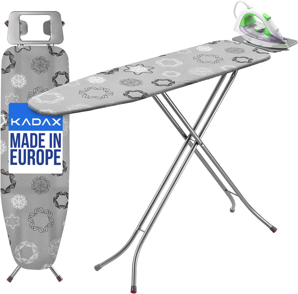 KADAX Inklapbare strijkplank, 114 x 34 cm, stoomstrijkplank met metalen rooster, strijkijzerhouder en 5 mm bekleding, in hoogte verstelbaar, met antislipvoeten, Made in EU (driehoeken)