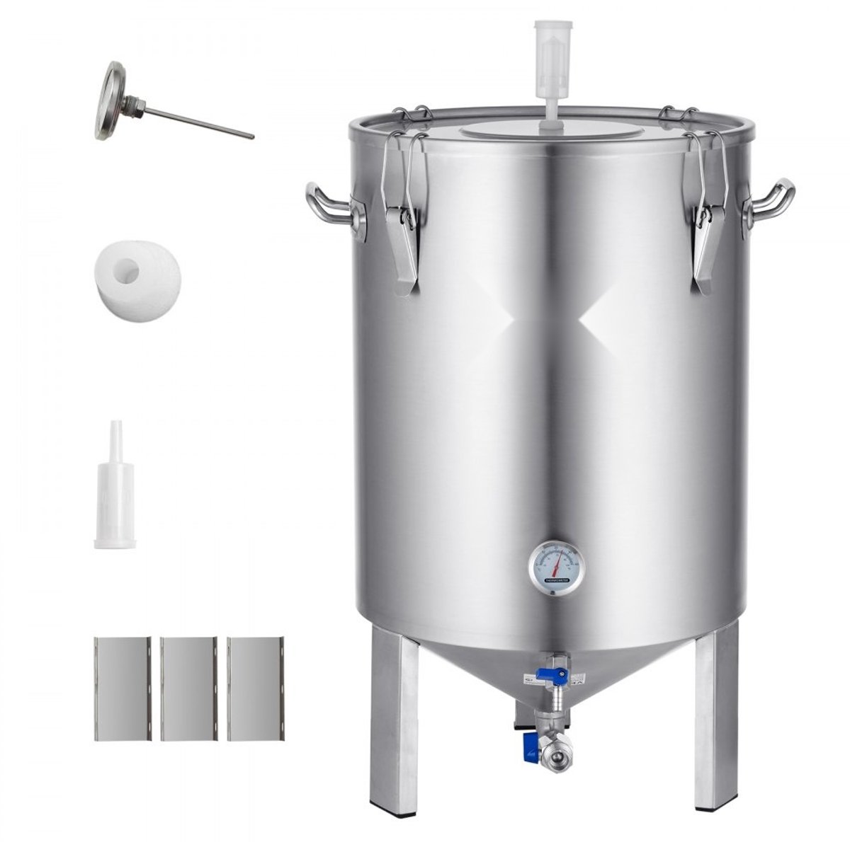 Bierbrouwketel - Gistvat 60 L - Roestvrij Staal - Met Deksel - Met Afvoerkraan - Met Handgrepen - Met Onderstel - Zilver