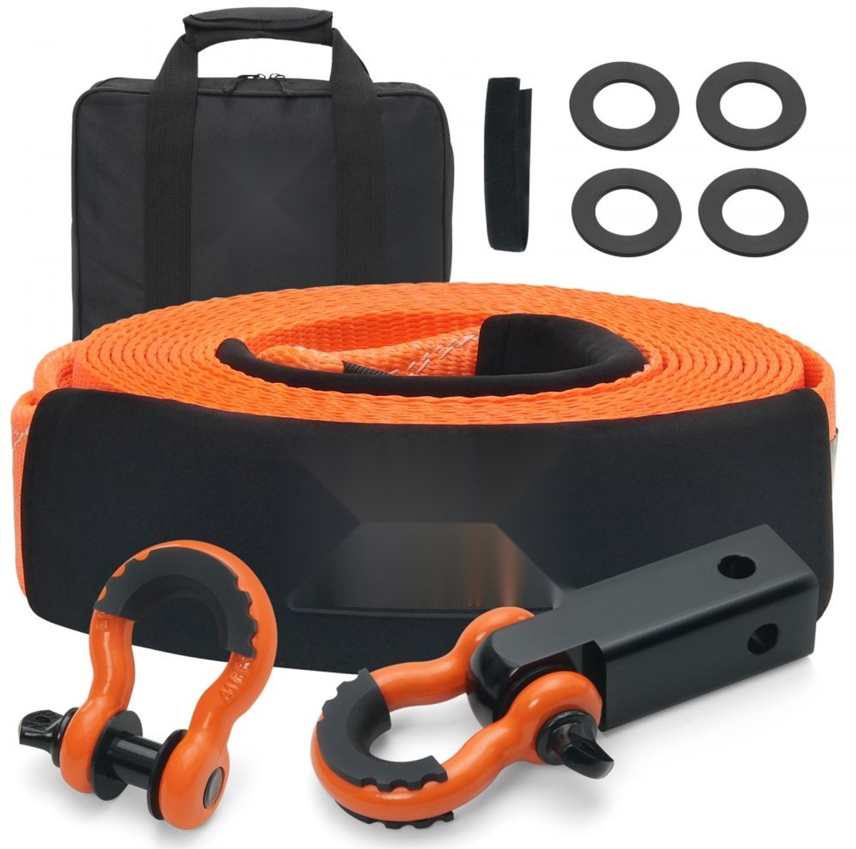 Sleepband/Sleepkabel Bergingsset - Polyester - Maat 9,1 m x 7,6 cm - Breeksterkte 16,3 ton - Versterkte Lussen - Trekhaakadapter 5 cm - D-ring Sjakels 19 mm (2x) - Opbergtas