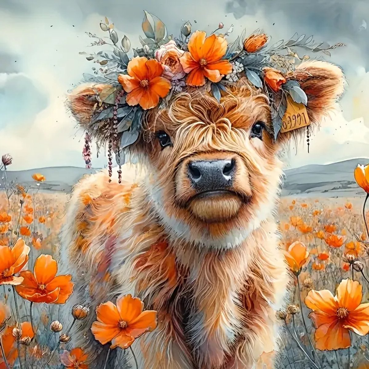 5D Diamond Painting Highland Koe met Bloemen - Complete Doe-Het-Zelf Set voor Volwassenen & Kinderen - Inclusief Gereedschap, Kleurrijke Strass Steentjes & Canvas - Creatieve Hobby voor Ontspanning, Decoratie & Cadeau Idee