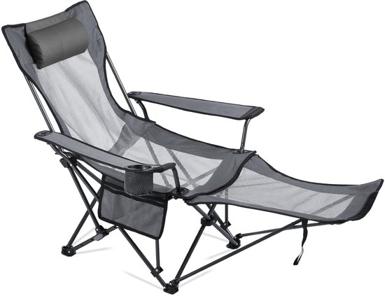 VEVOR Opvouwbare Kampeerstoel, Relaxstoel met 4 Verstelbare Standen, Relaxstoel met Bekerhouder, Strandstoel Van Gaas Met Hoofdsteun En Voetensteun, Belastbaar Tot 100 Kg, voor Kamperen In De Buitenlucht, Grijs van Vevor — afbeelding 2