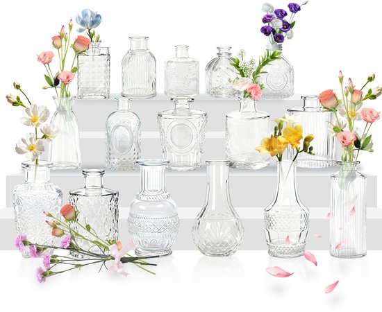 32 stuks kleine vaasjes voor tafeldecoratie, glazen vaasjes set mini, kleine glazen vaasjes, vintage bloemenvaasjes & knopvaasjes voor bruiloften, feesten, vieringen Transparant