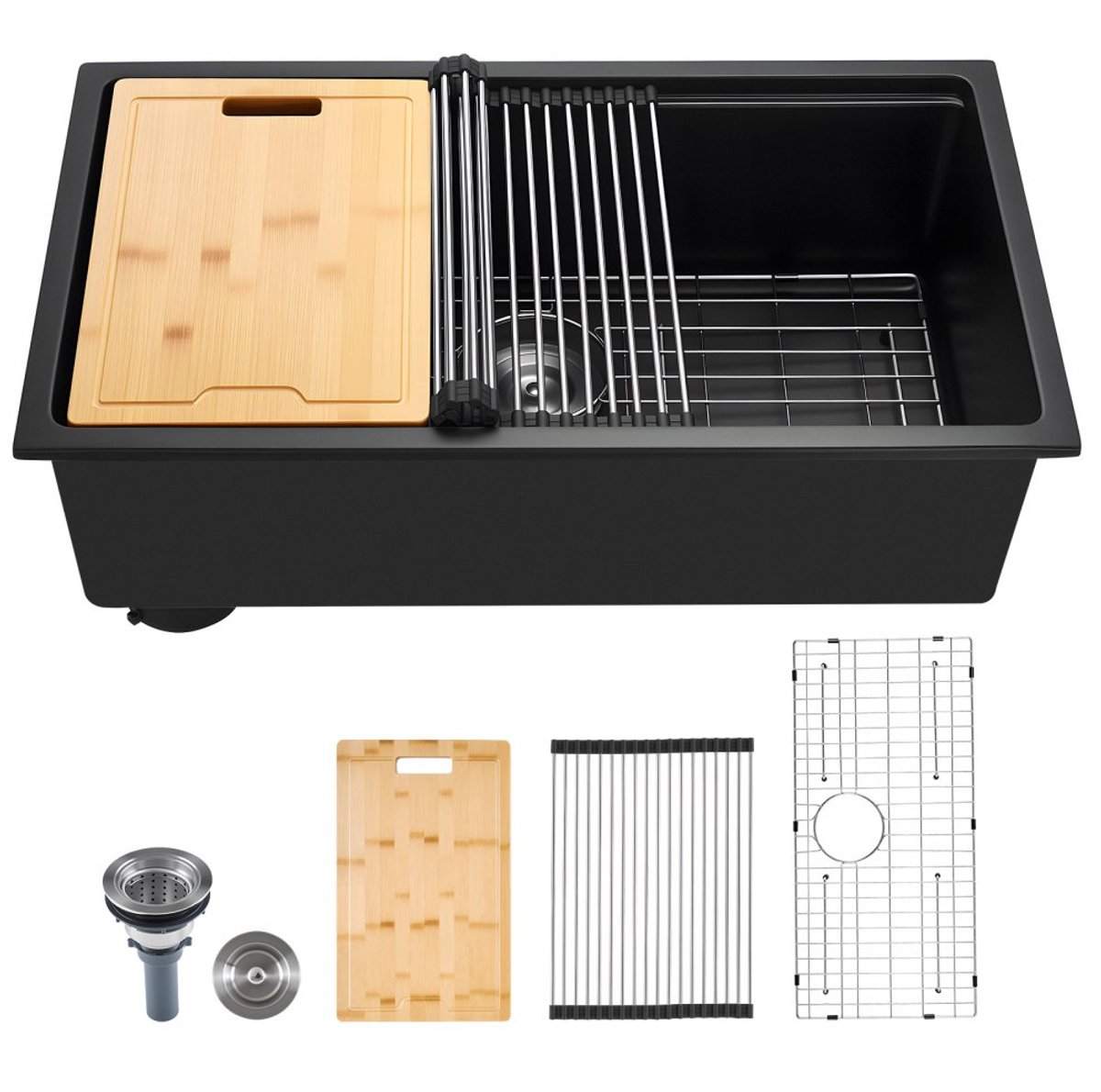 Granieten keukenspoelbak - Inbouwspoelbak - Afmeting 76,2 x 45,7 x 23 cm - Landelijke Stijl - Met Accessoires - Voor Camper, Bijkeuken en Bar - Zwart