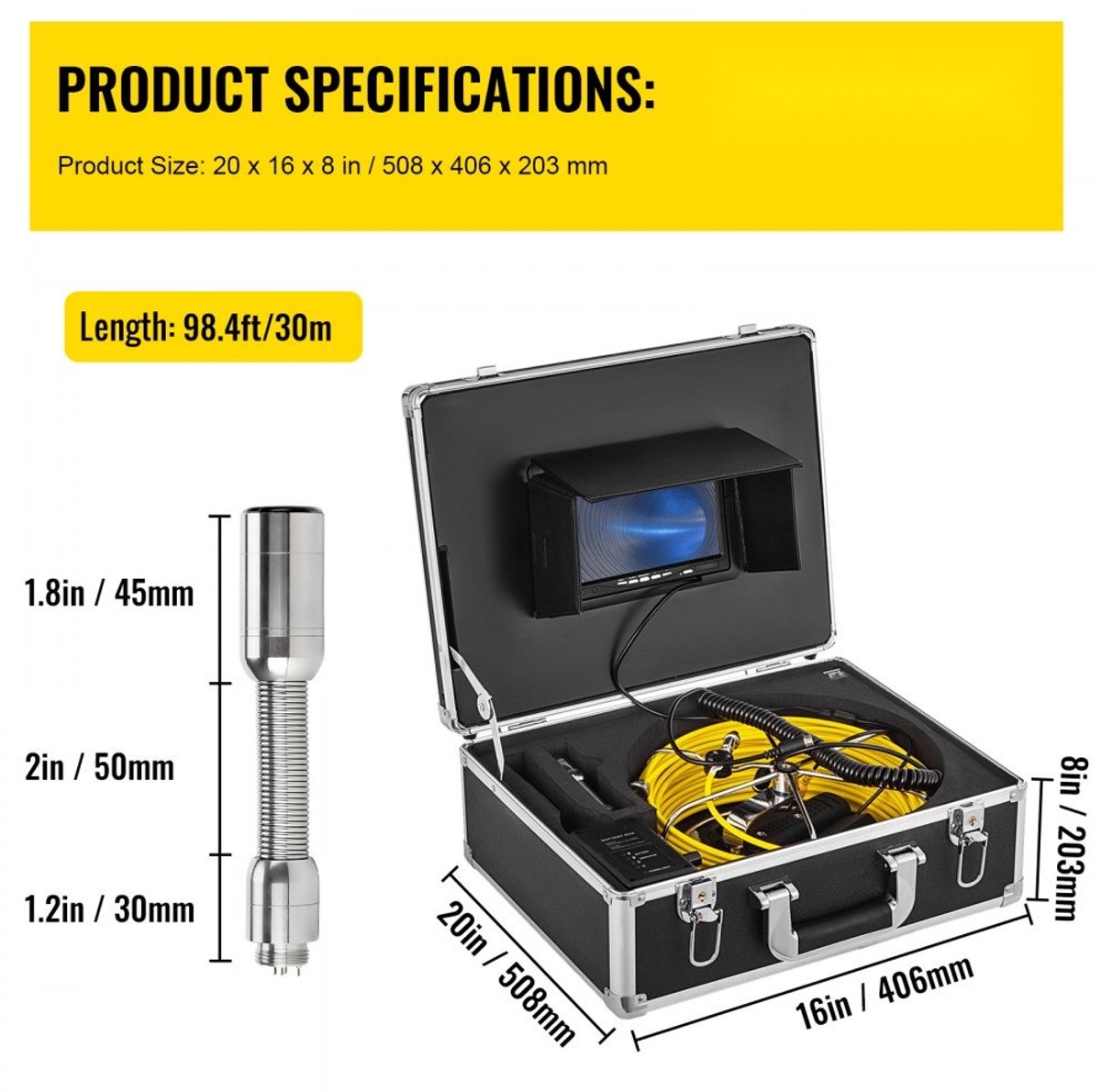 Rioolinspectiecamera - Pijpinspectiecamera en Afvoercamera - Kabellengte 30 m - Touchscreen 17,8 cm - HD-camera 1000 TVL - Waterdicht - Accu 4500 mAh - Lengteteller