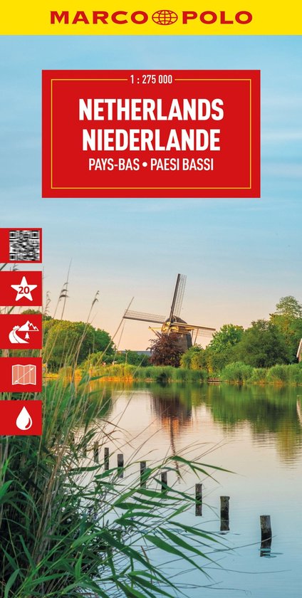 Kaft van de Marco Polo wegenkaart van Nederland. Met tekst 'NETHERLANDS NEDERLANDE PAYS-BAS PAESI BASSI' en een molen bij een waterpartij.